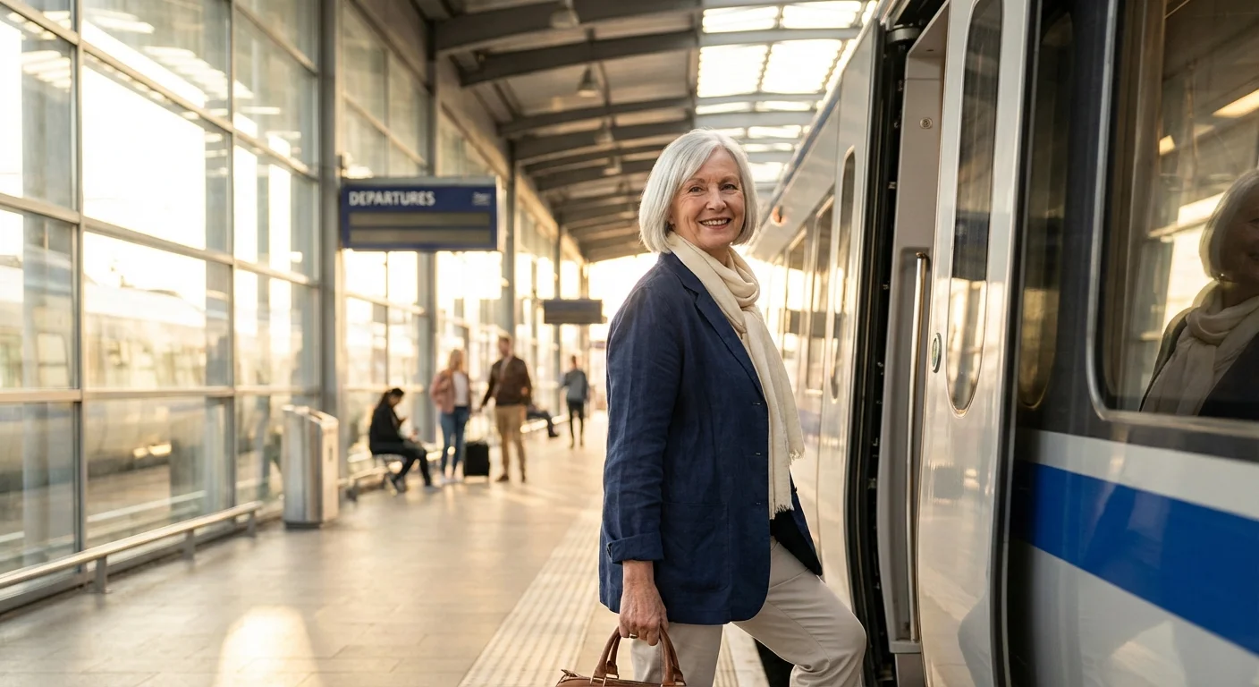 A senior woman boarding a modern train with a smile.