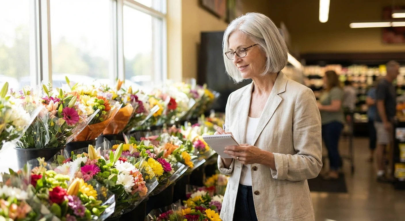 A senior woman checking her shopping list near a floral department in a bright supermarket.