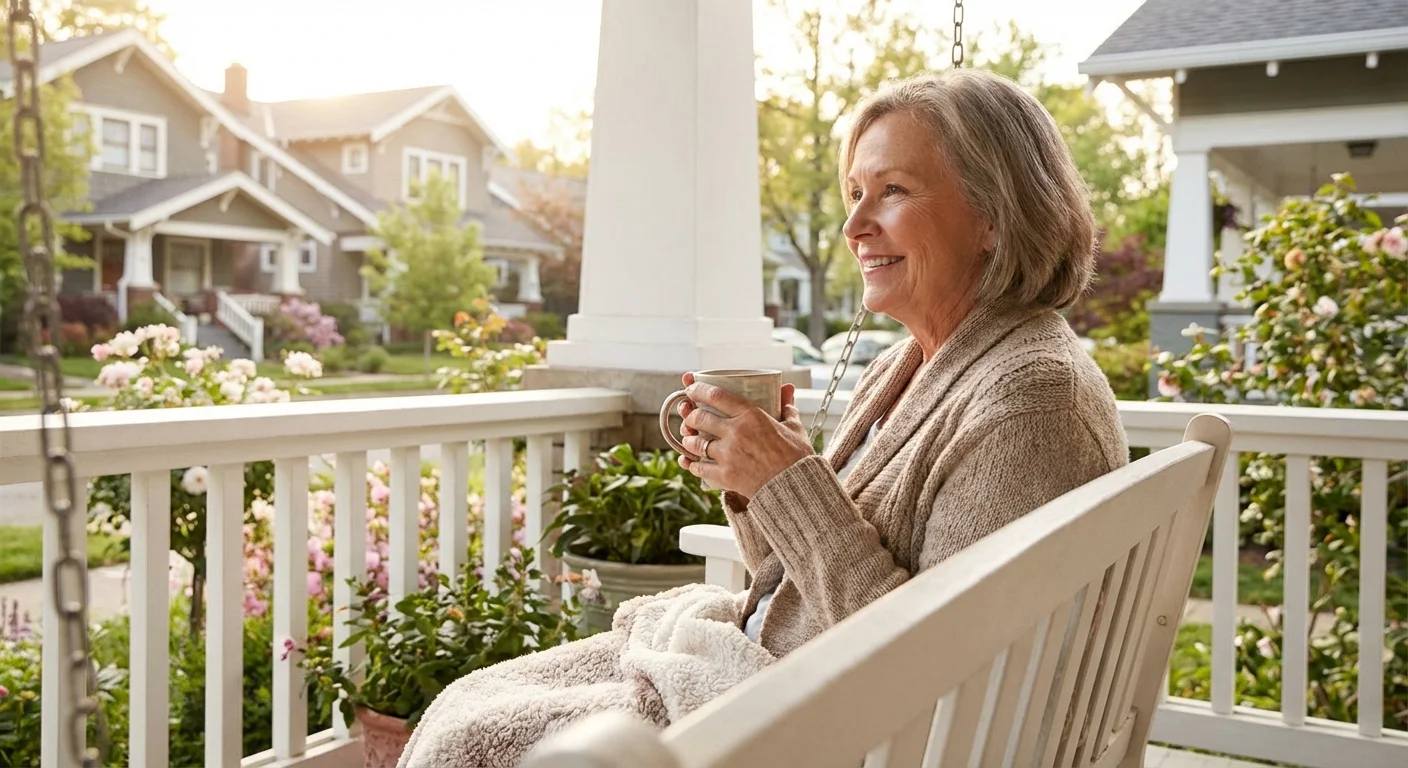 A senior woman enjoys a quiet morning on her porch, overlooking a tranquil and safe neighborhood.