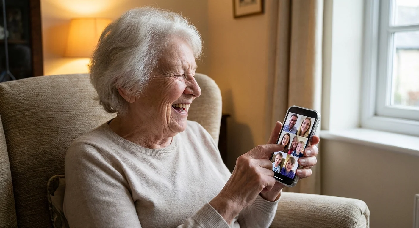 A senior woman laughing during a video call on her smartphone.