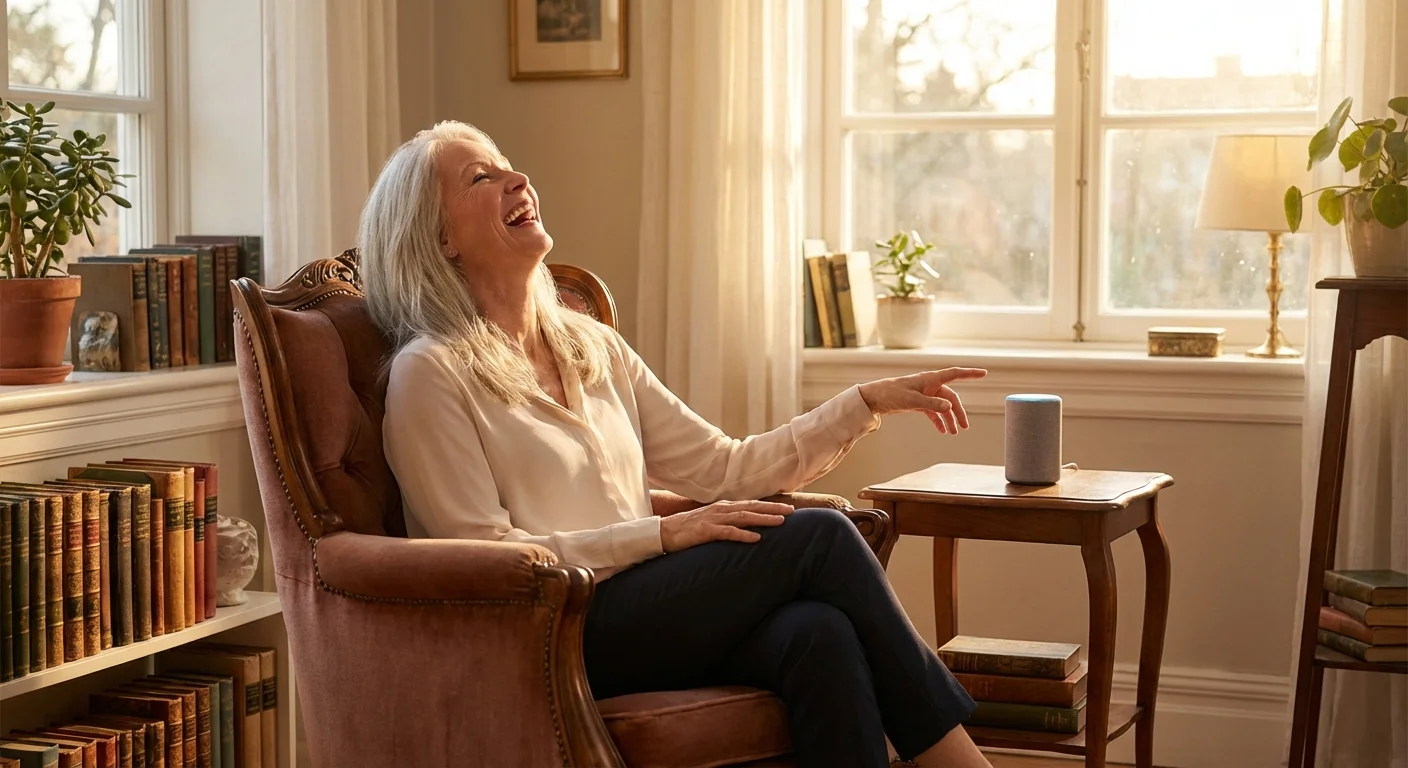 A senior woman laughs while having a hands-free conversation via a smart speaker.