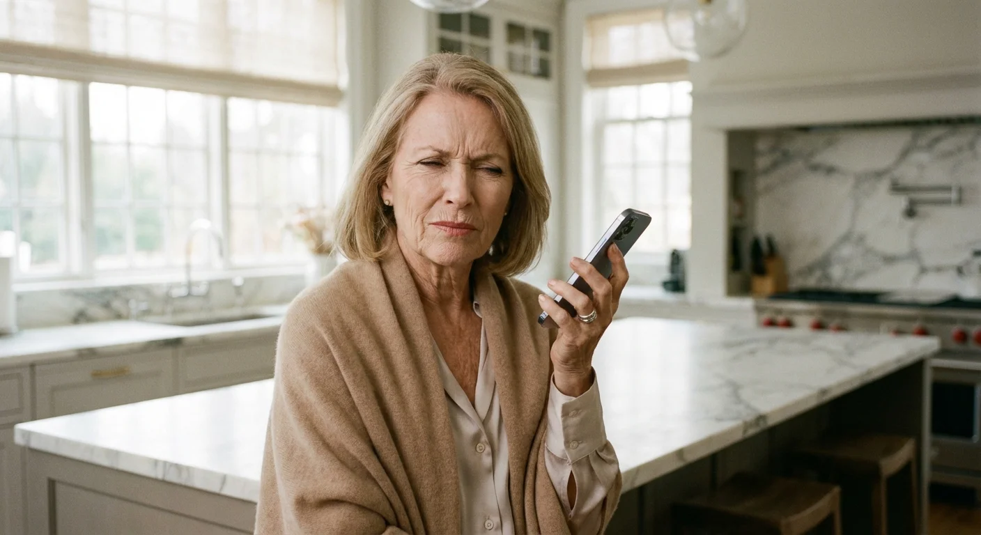 A senior woman looking skeptically at her smartphone in a bright kitchen.