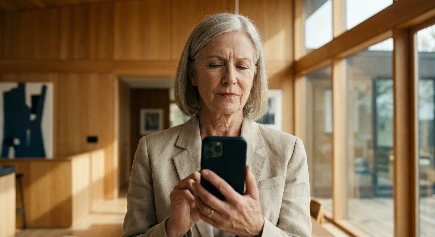 A senior woman looks at her smartphone with a cautious and informed expression.
