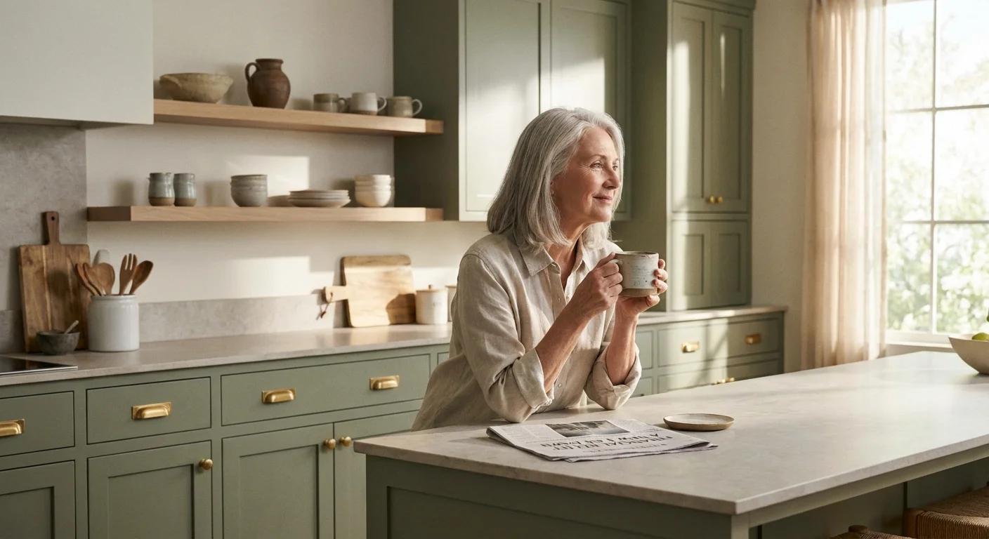 A senior woman looks out a window with a peaceful expression in a beautiful, sunlit kitchen.