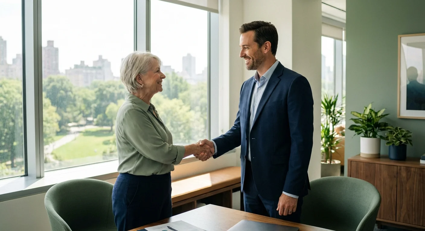 A senior woman meeting with a financial advisor in a modern office.