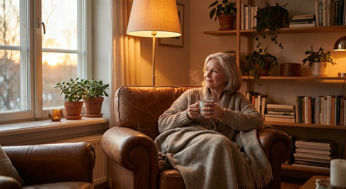 A senior woman relaxing in a warm, cozy living room by a window.