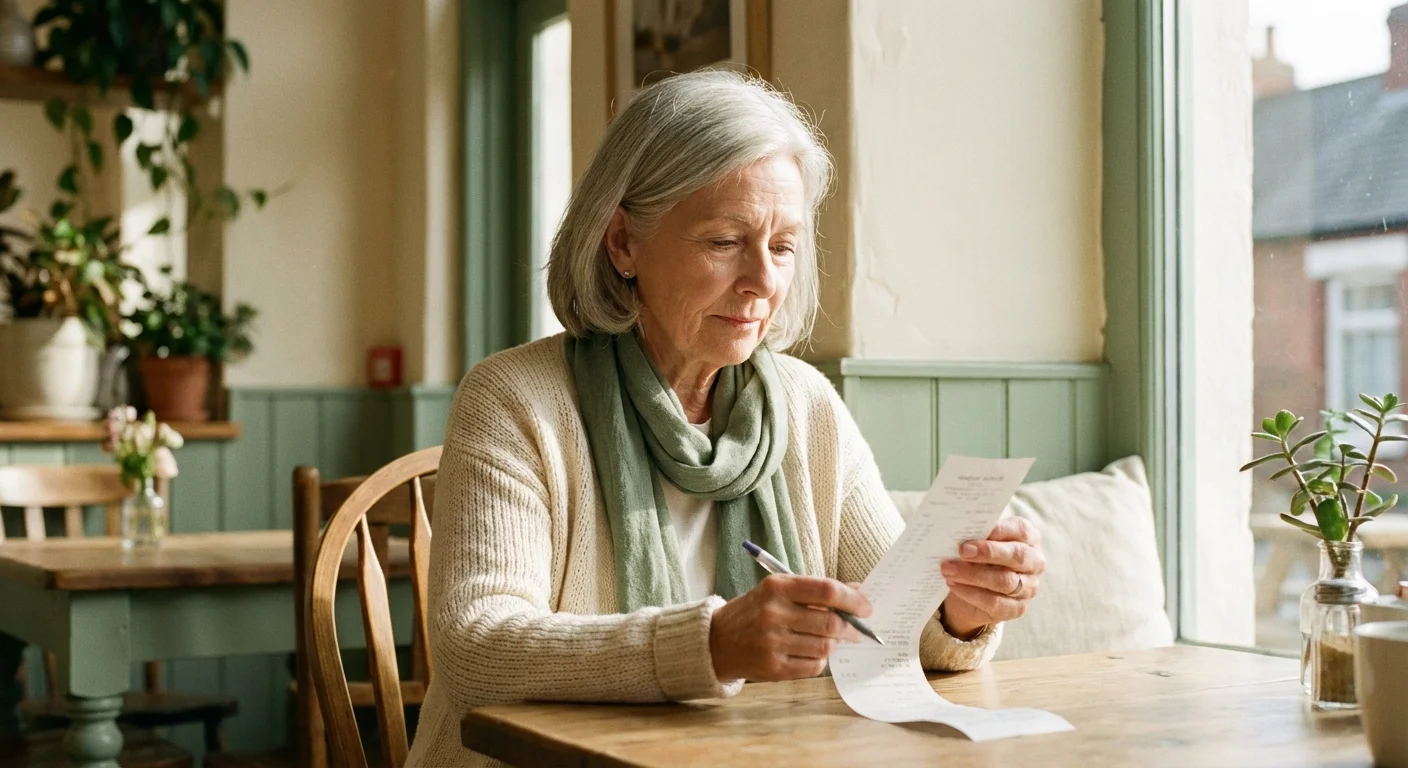 A senior woman reviewing a receipt in a bright cafe.
