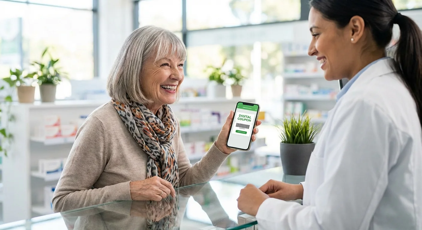 A senior woman showing her smartphone to a pharmacist at a bright pharmacy counter.
