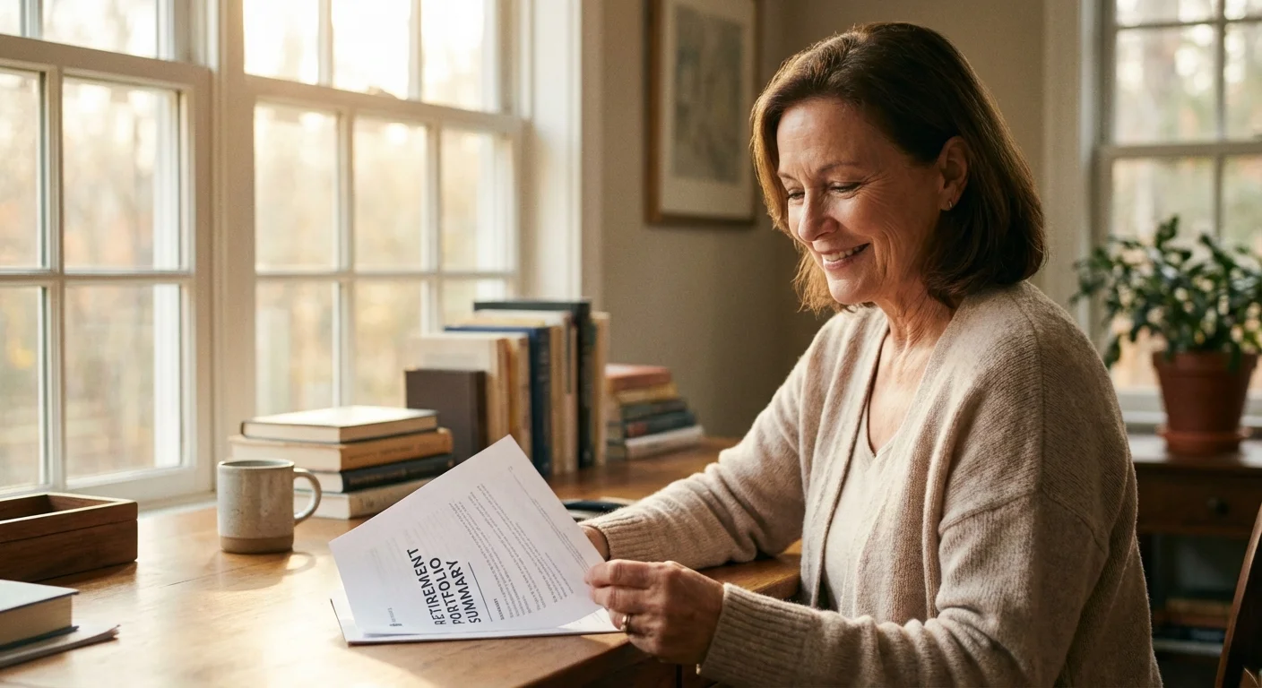 A senior woman smiling while looking at paperwork in a bright home office.