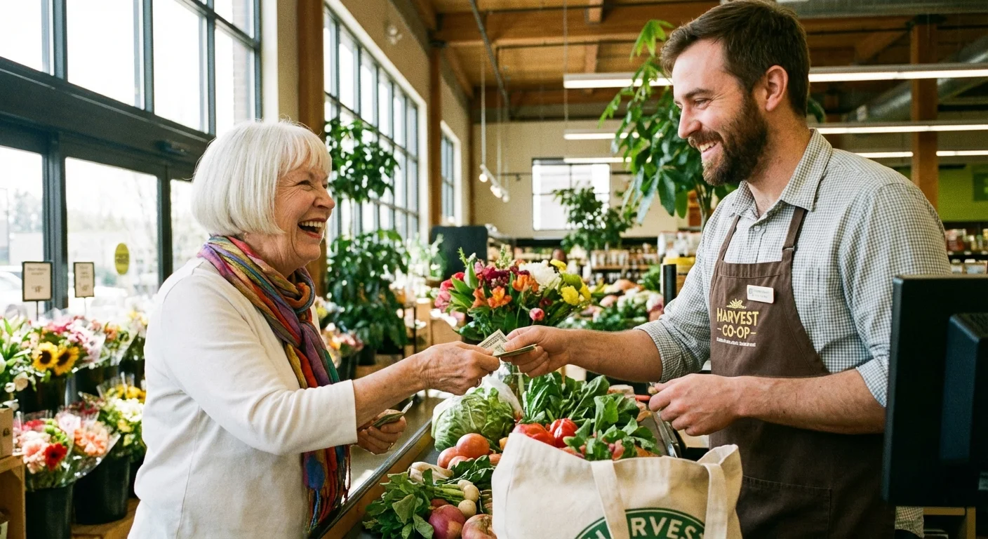 A senior woman smiling while talking to a helpful grocery store employee.