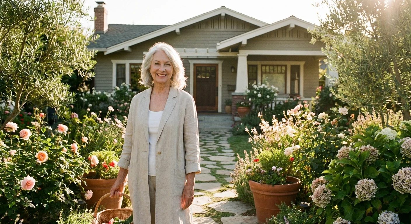 A senior woman standing in front of her beautiful home and garden.