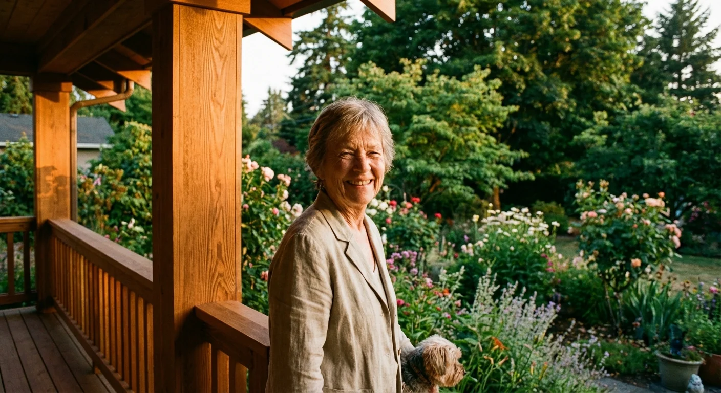 A senior woman standing proudly on her well-maintained wooden porch.