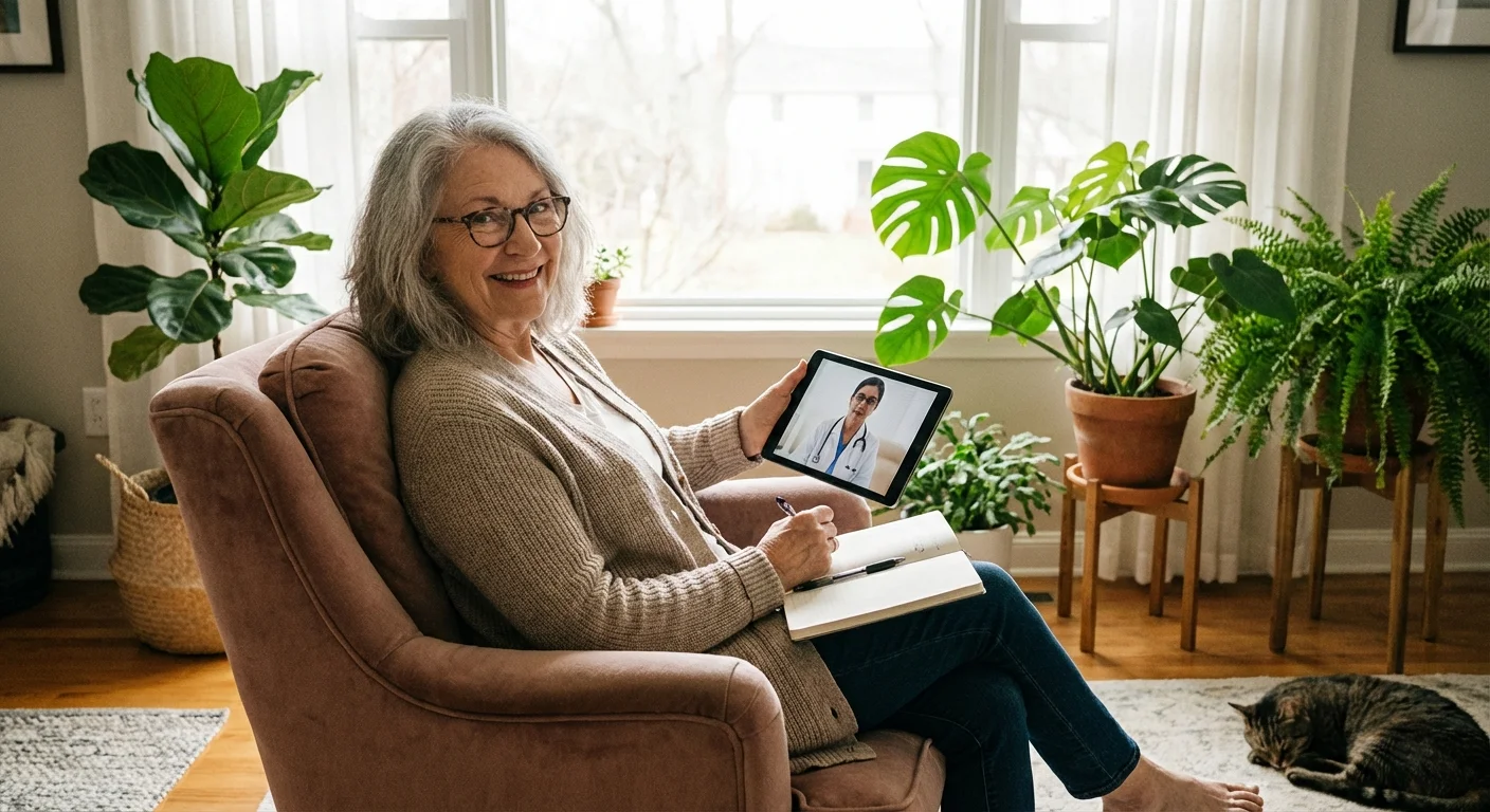 A senior woman using a tablet for a telehealth appointment.