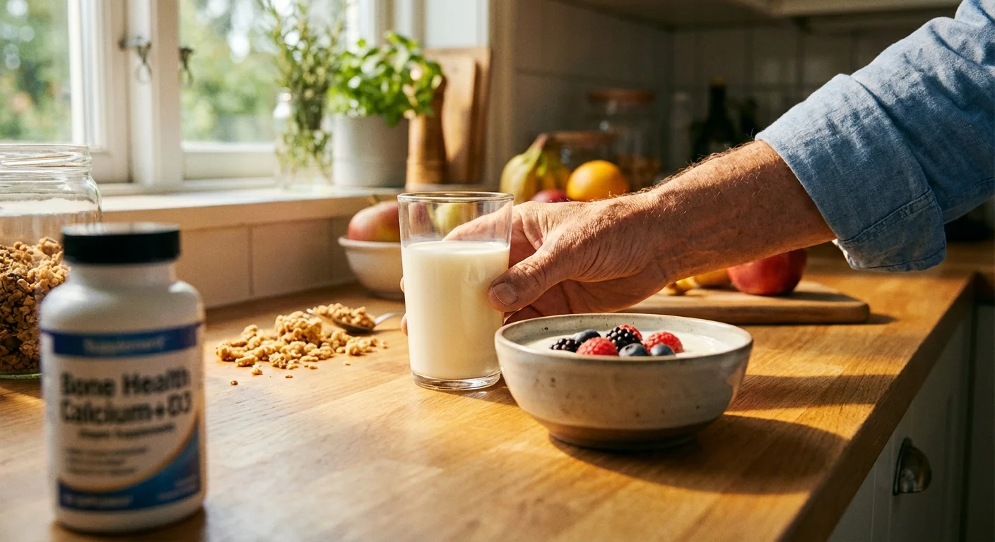A senior's hand reaching for calcium-rich foods like milk and yogurt.