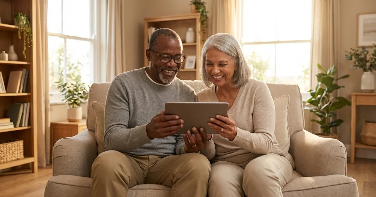 A smiling senior couple looking at a tablet in a sunny, modern living room.