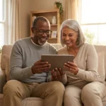 A smiling senior couple looking at a tablet in a sunny, modern living room.