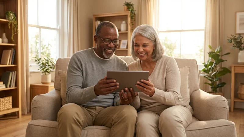 A smiling senior couple looking at a tablet in a sunny, modern living room.