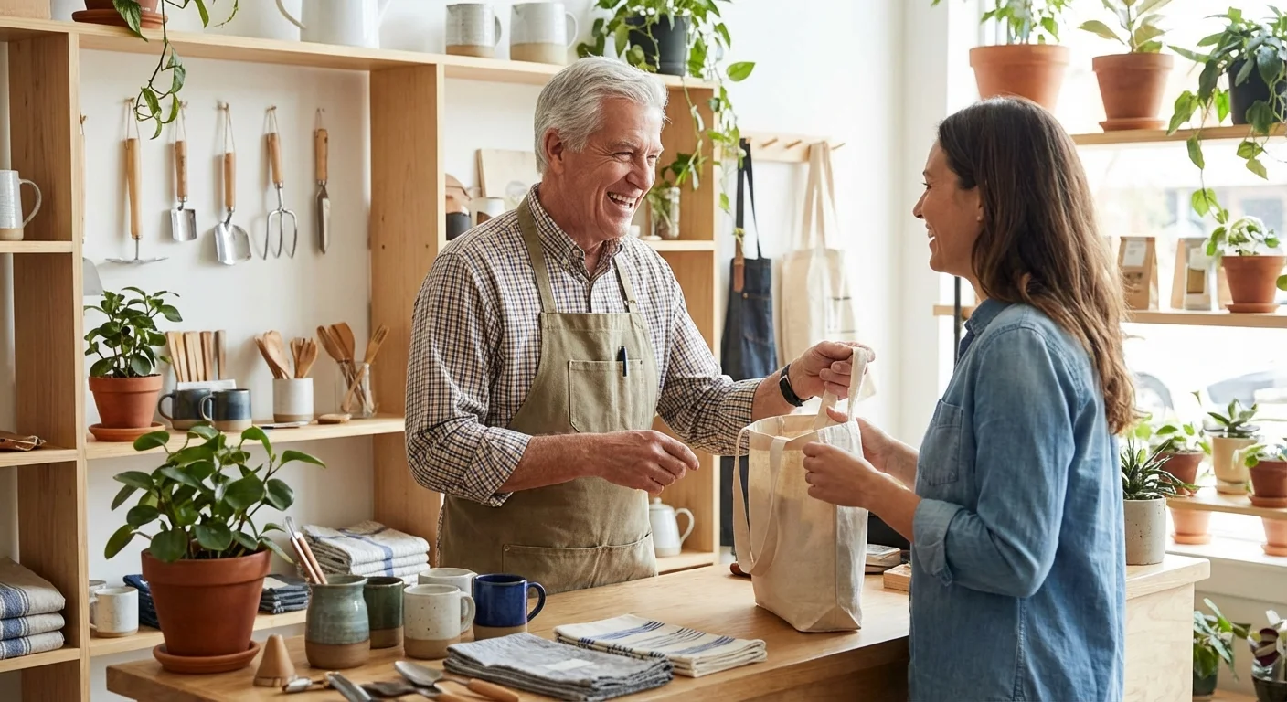 A smiling senior man in a work apron assists a customer in a bright store, showcasing the social benefits of an encore career.