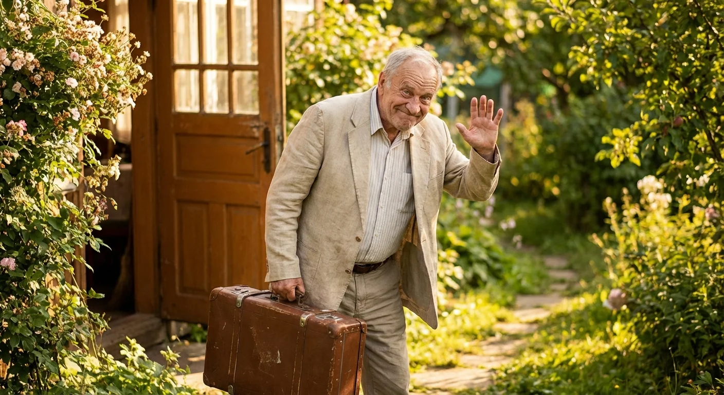 A spirited senior man with a vintage suitcase stepping outside for a new adventure.