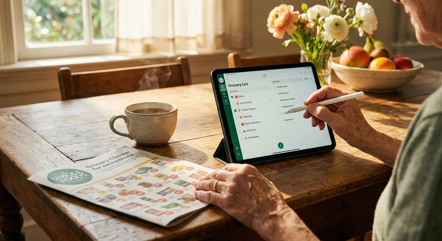 A tablet and grocery ads on a wooden table, showing a senior planning their shopping trip.