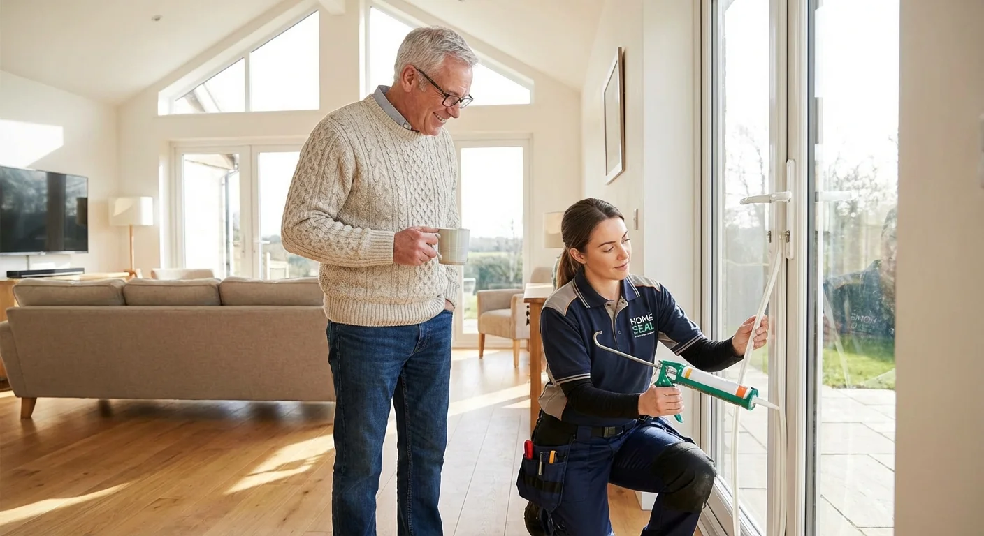A technician working on a window while a senior man observes in a bright home.