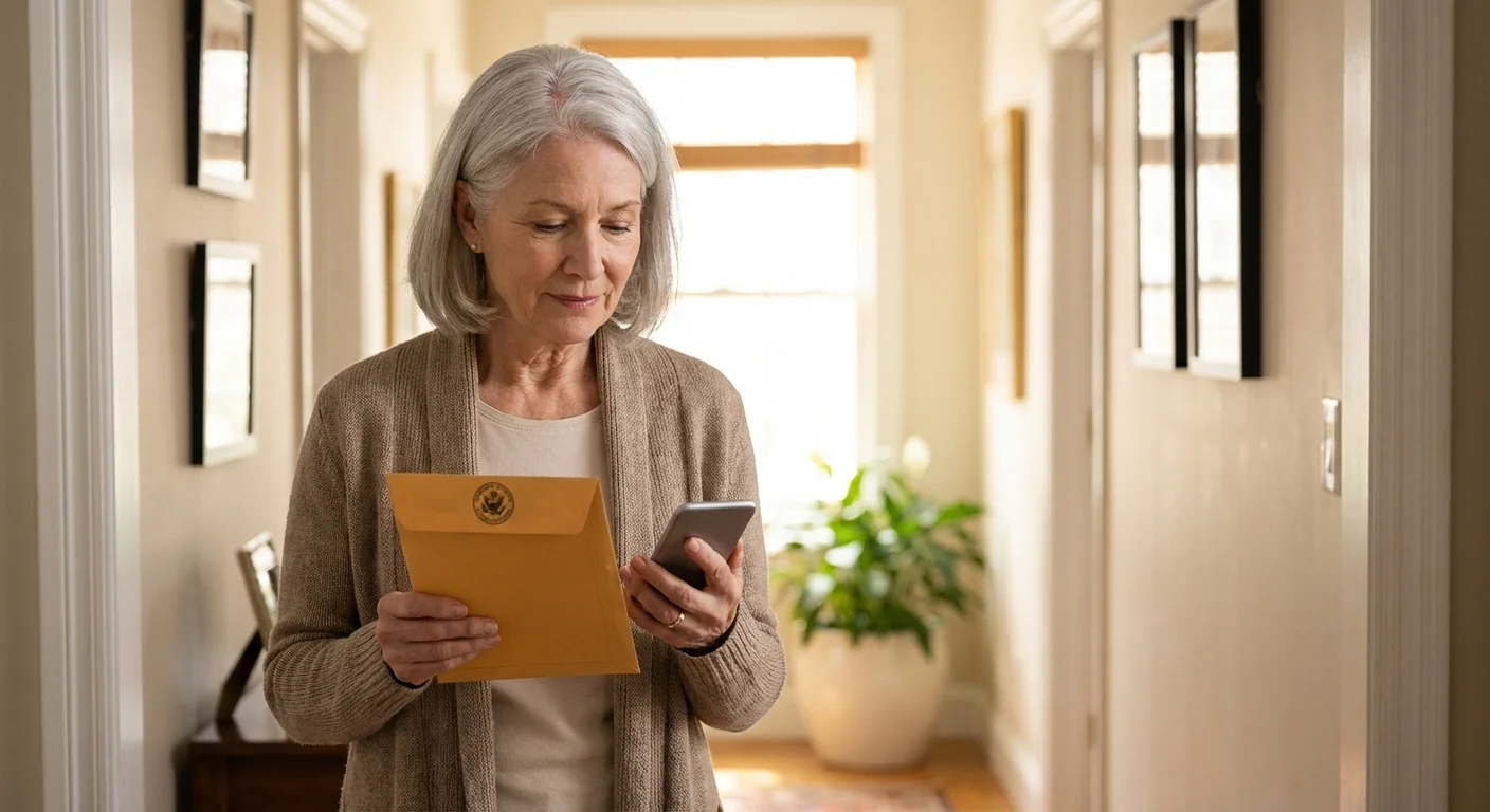 A woman comparing a piece of mail to information on her smartphone.