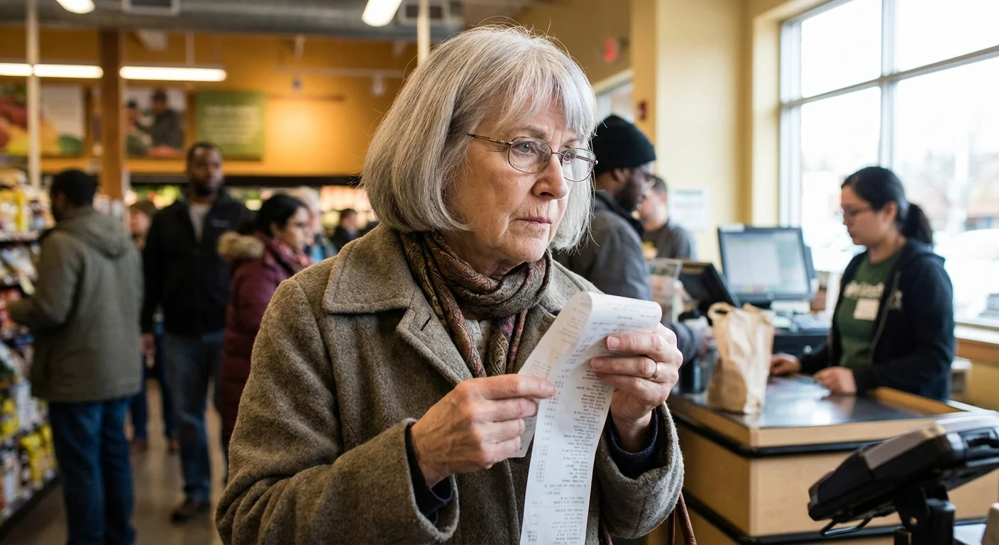 A woman reviewing her grocery receipt at the store with a focused expression.
