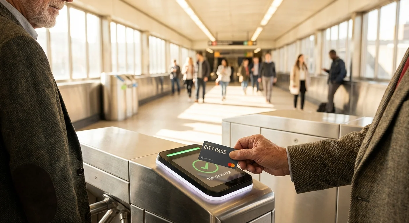 An older adult uses a contactless card to pay for a train ride at a modern transit station.