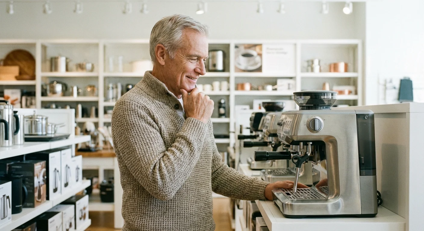 An older man browsing the housewares section of a store for a new appliance.