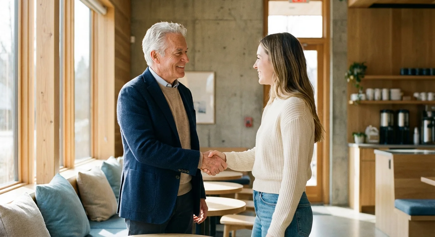 An older man in professional attire meeting with a client at a sunny cafe.