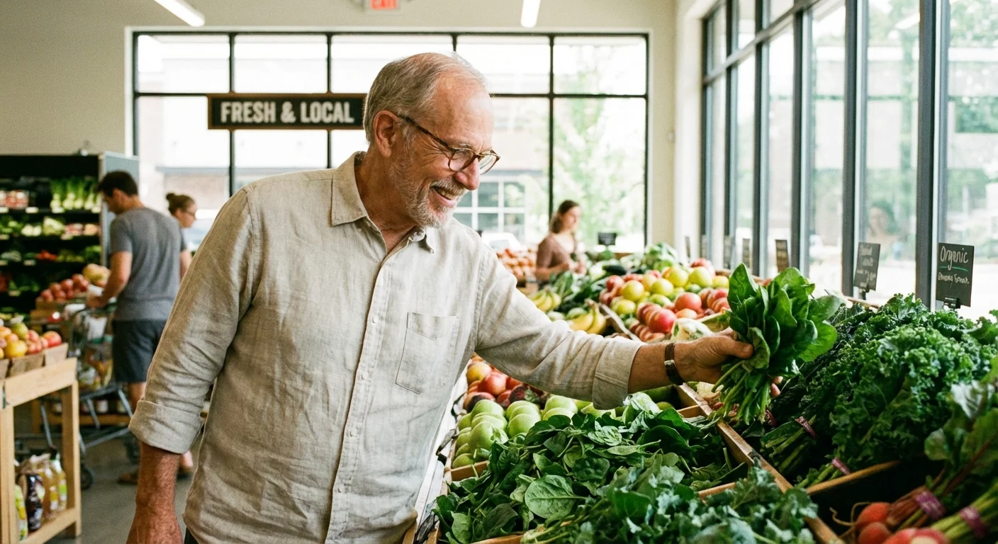 An older man shopping for fresh produce in a brightly lit grocery store.