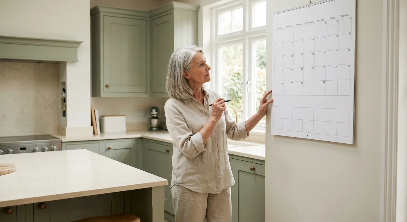 An older woman looking at a blank calendar in a bright kitchen, reflecting on her new daily routine.