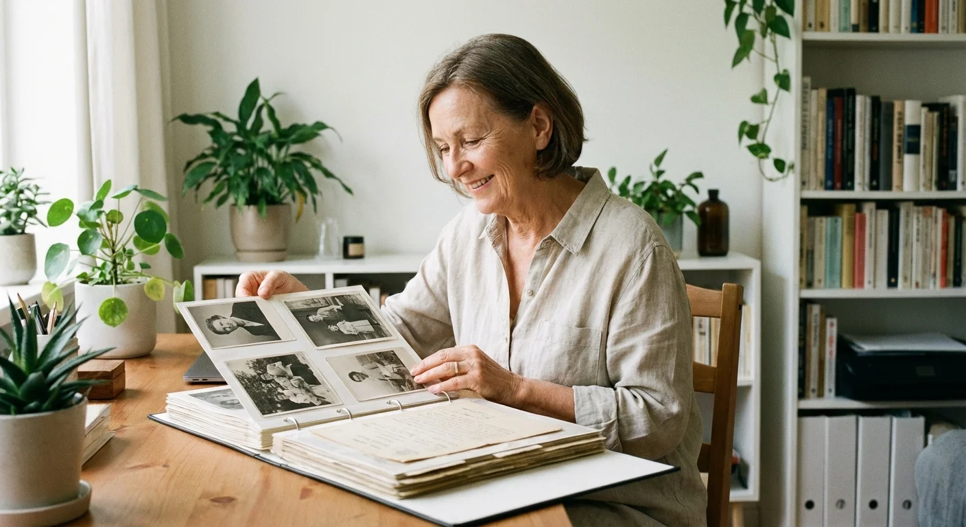 An older woman reviews her career history through organized documents in her office.