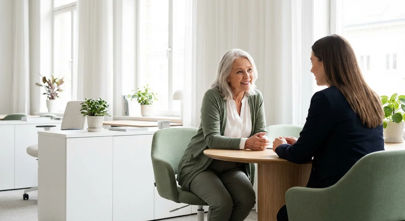 An older woman talking to a professional consultant in a sunlit office.