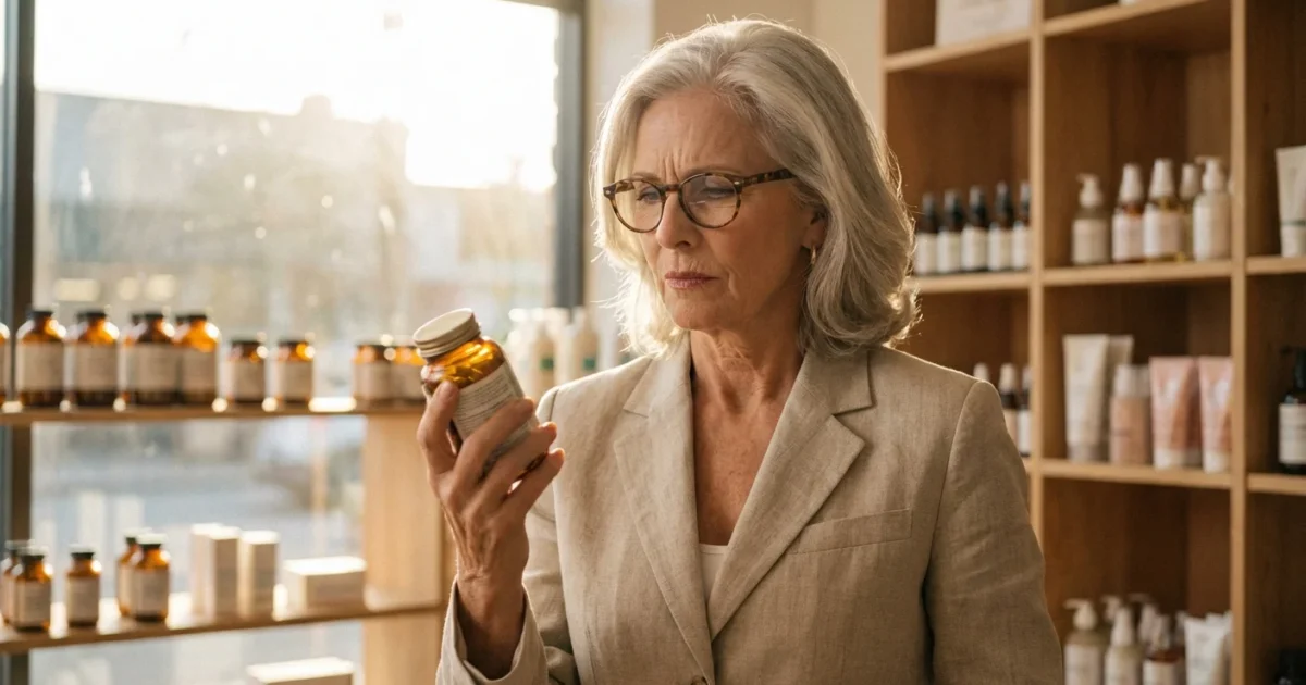 An older woman thoughtfully examining a supplement bottle in a bright pharmacy.