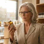 An older woman thoughtfully examining a supplement bottle in a bright pharmacy.