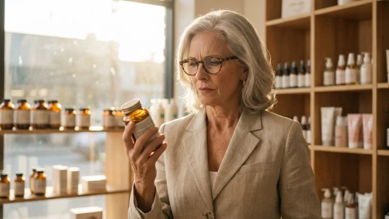 An older woman thoughtfully examining a supplement bottle in a bright pharmacy.