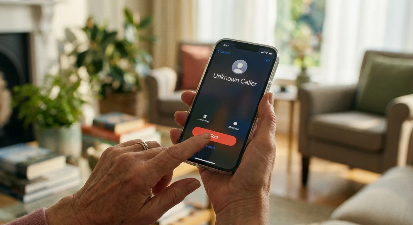 Close-up of a finger pressing block on a smartphone screen.