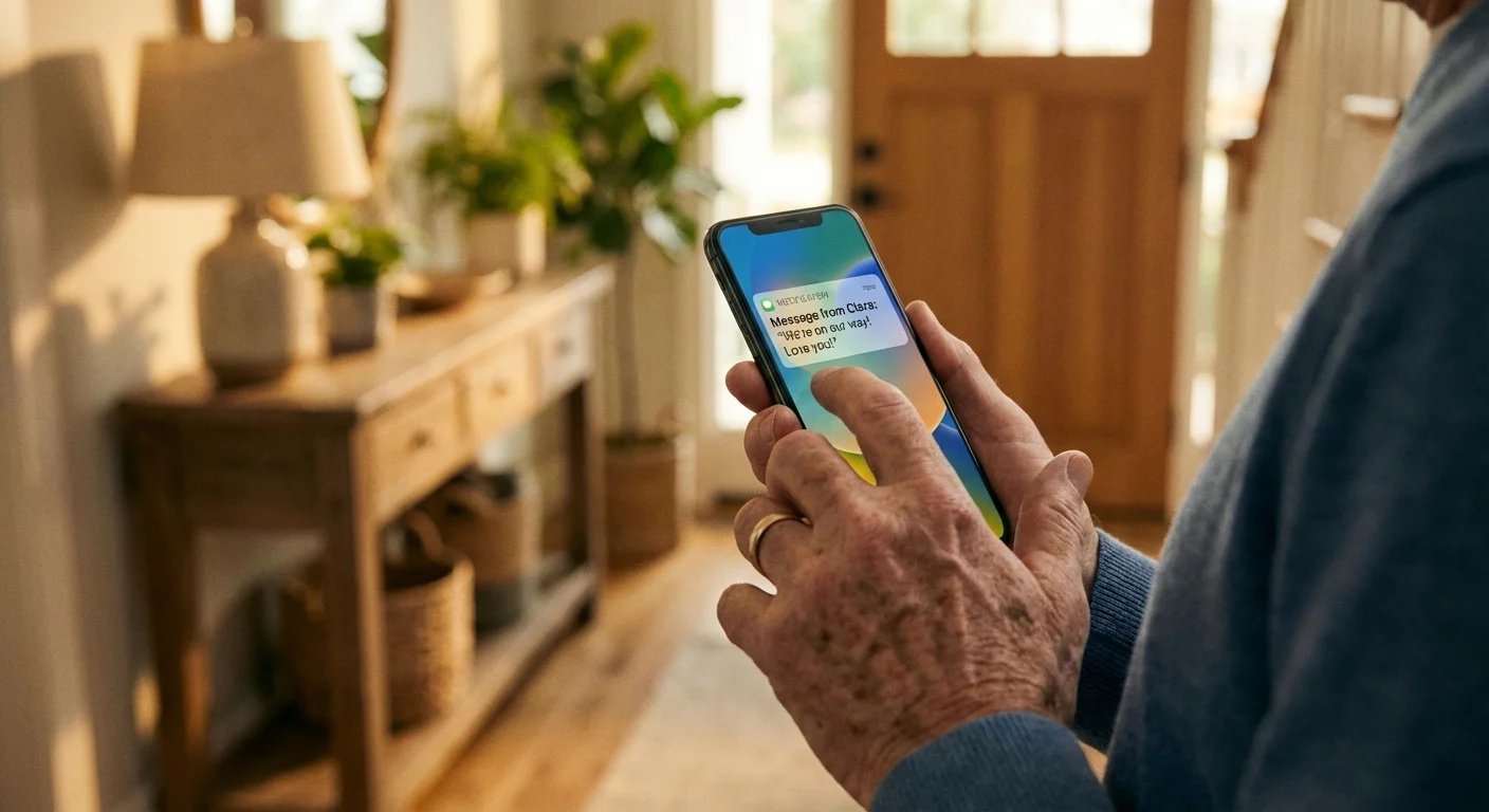 Close-up of a hand holding a smartphone with a text notification.