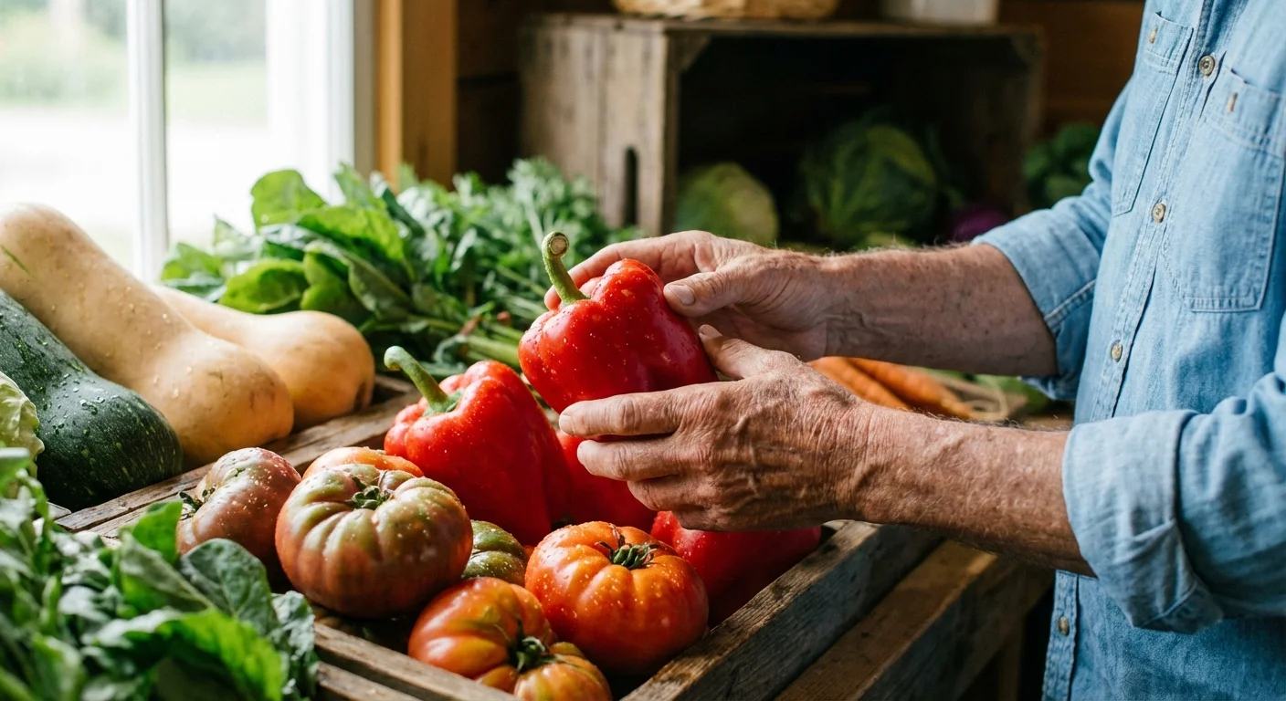 Close-up of a senior shopper selecting fresh vegetables from a colorful produce display.