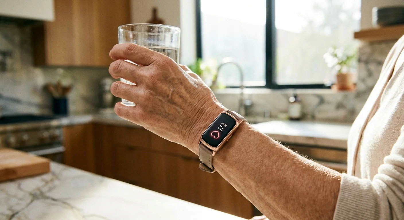 Close-up of a senior woman's wrist with a fitness tracker in a bright kitchen setting.