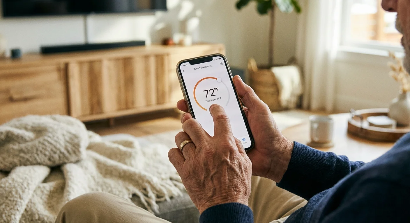 Close-up of a senior's hand using a smartphone app to adjust the home temperature.
