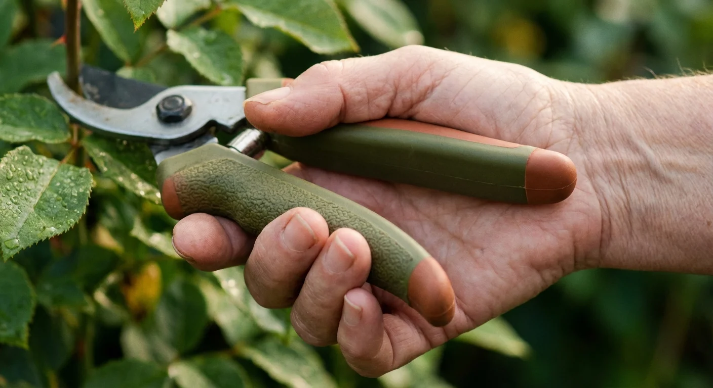 Close-up of a senior's hands holding an ergonomic garden pruner with a specialized grip.