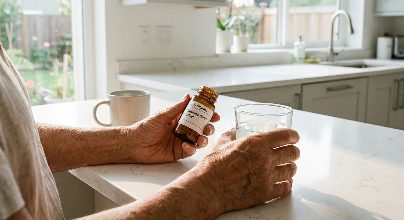 Close-up of a senior's hands holding medication in a bright kitchen.