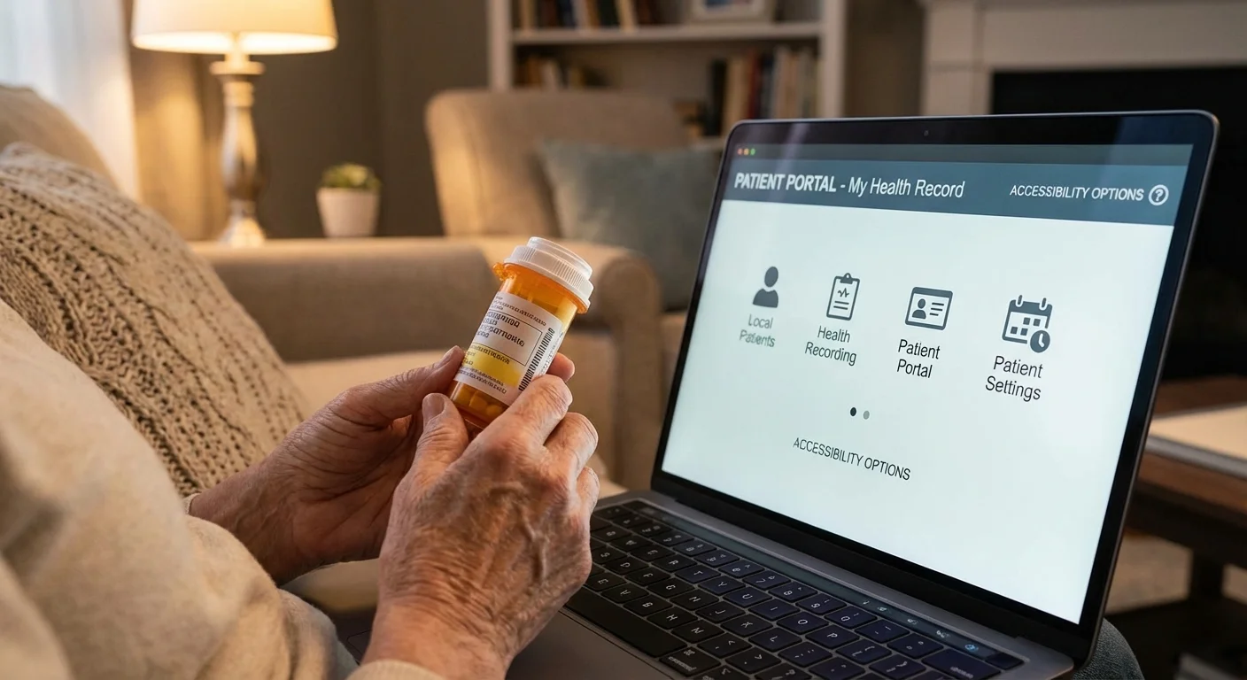 Close-up of hands holding a medication bottle near a laptop computer.