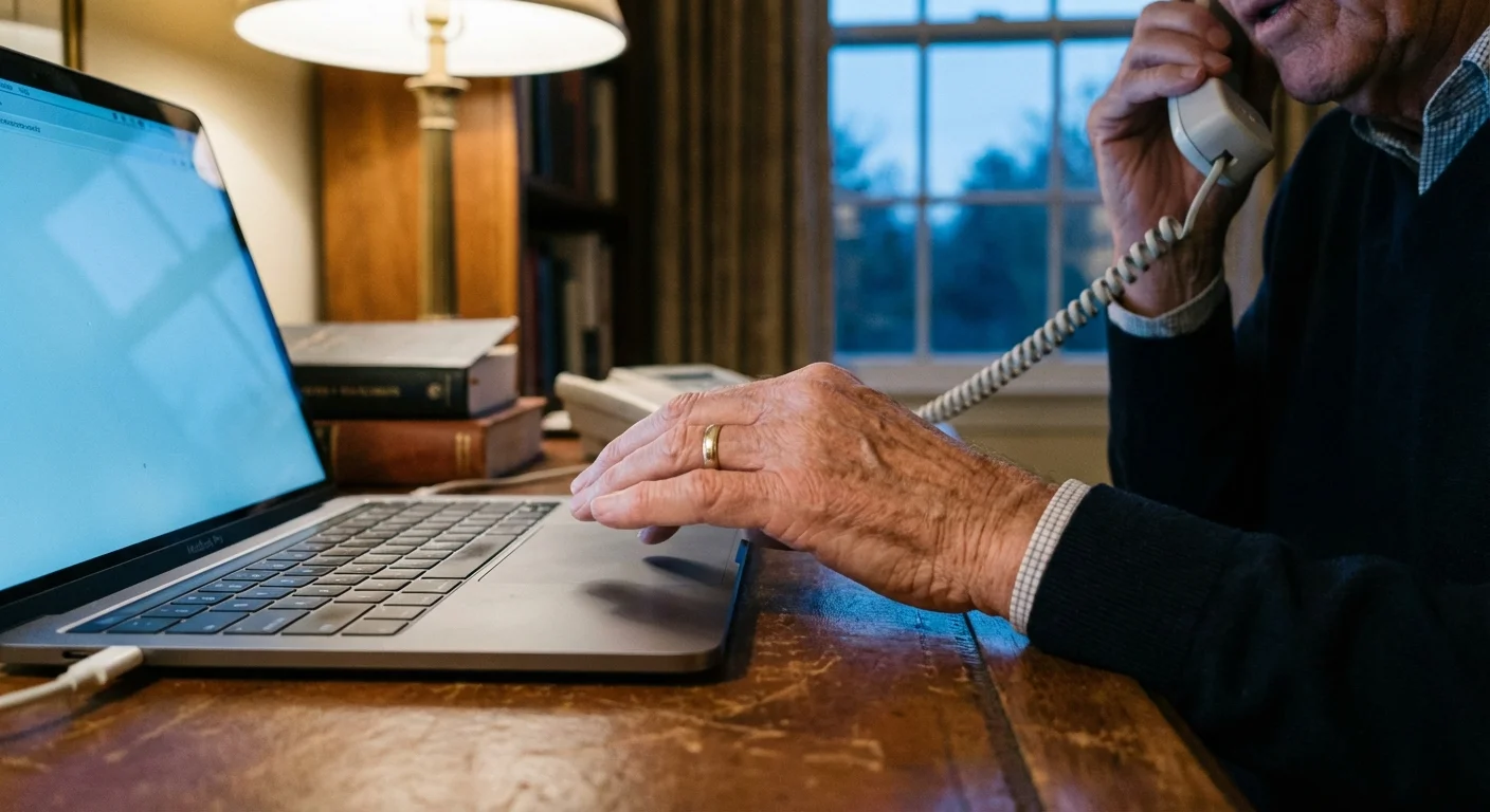 Close-up of senior hands at a laptop with a blue screen glow.