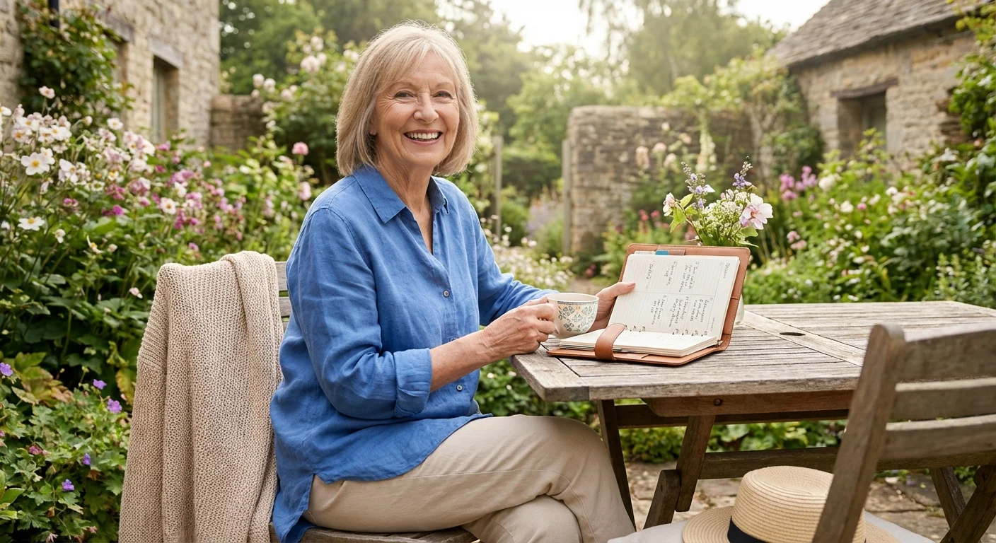 Senior woman sitting in a garden with a planner and tea.