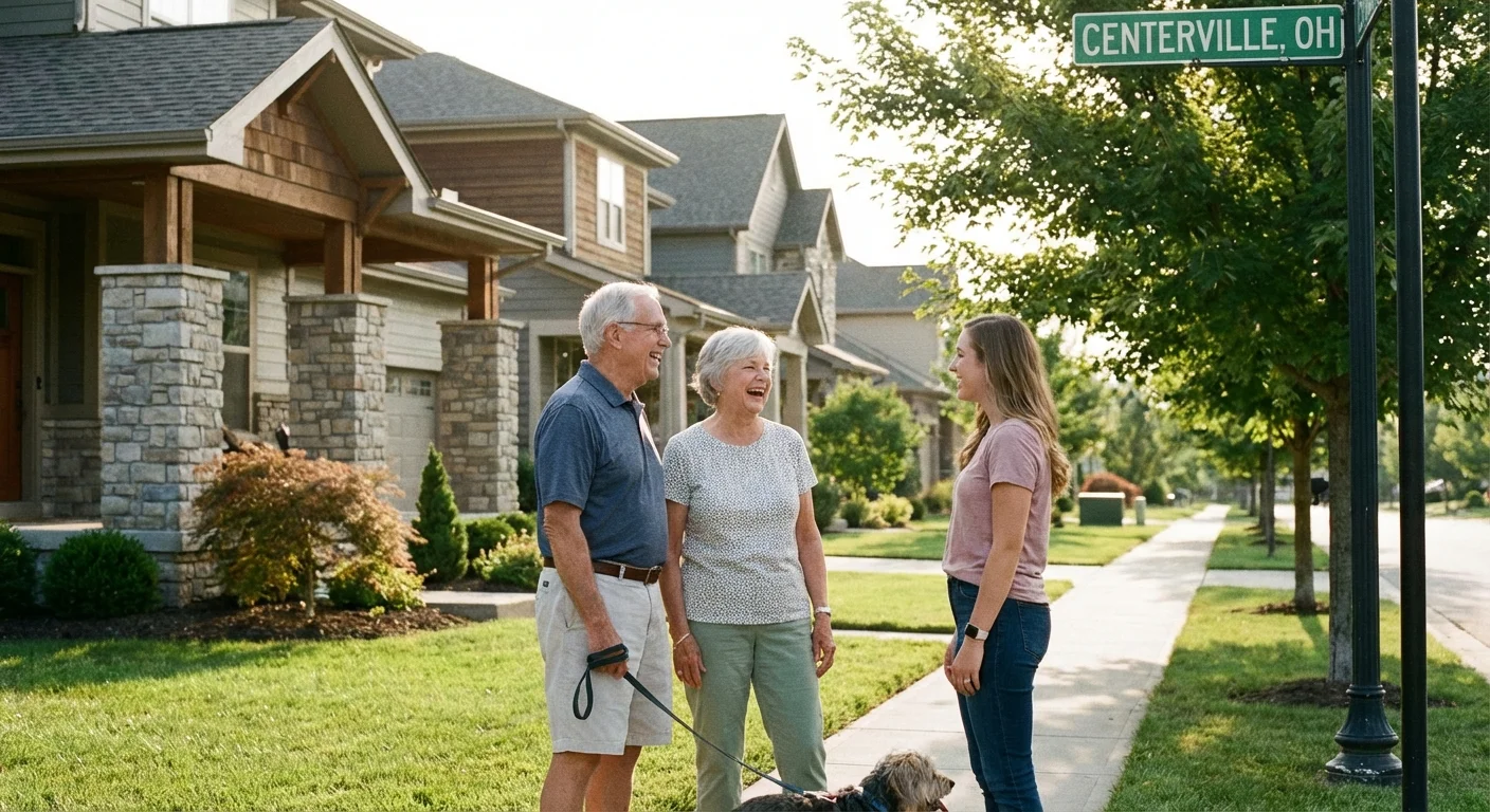 Seniors engage in a friendly conversation with a neighbor in a safe Centerville neighborhood.