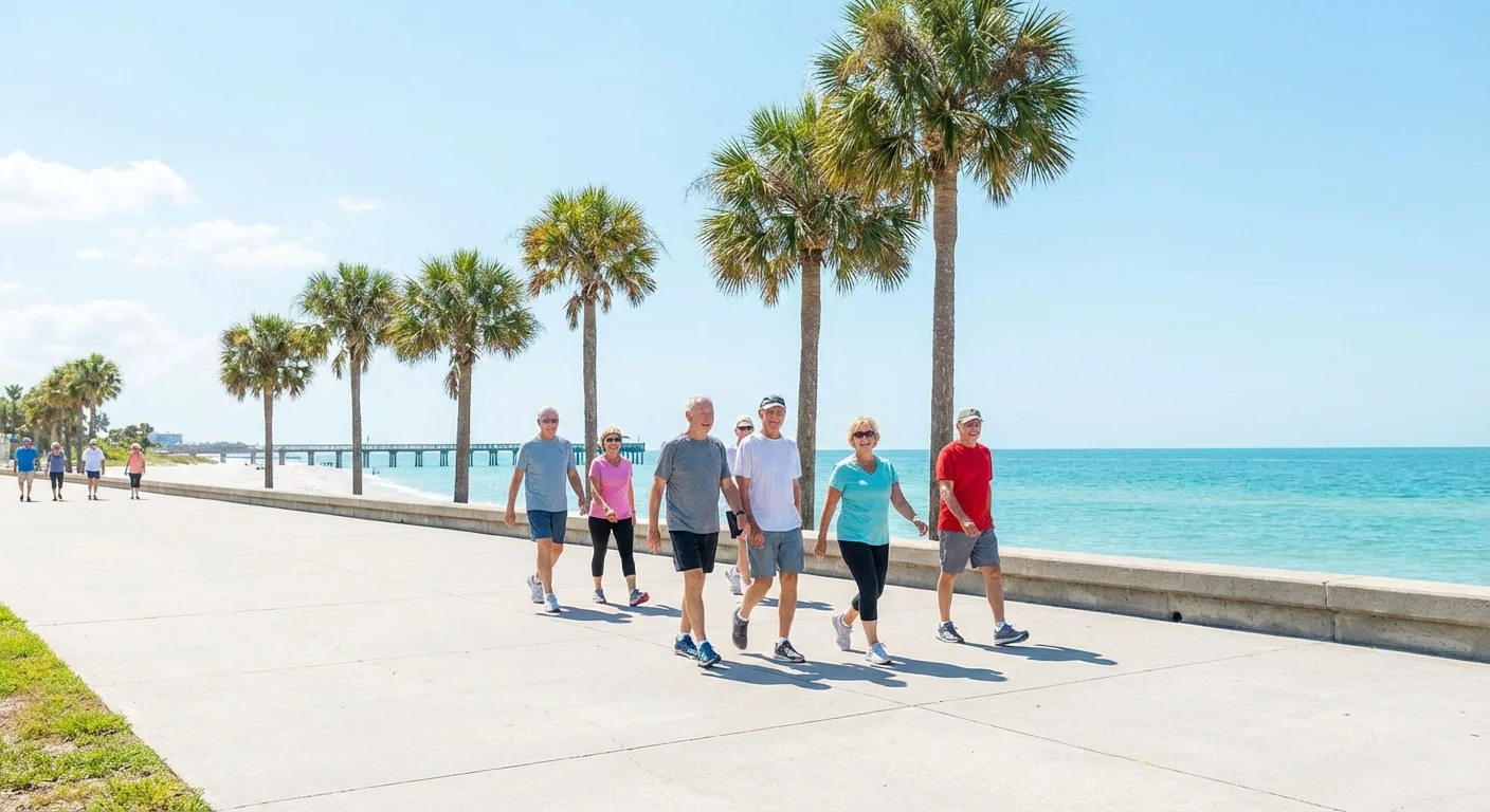 Seniors walking on a clean, paved path near the beach in Venice, Florida.