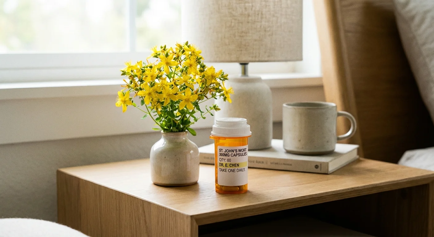 Yellow St. John's Wort flowers next to a prescription pill bottle.